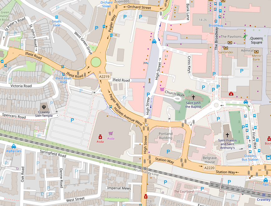 Map including Asda supermarket in Crawley town centre