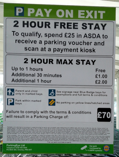 Car parking sign with prices and other information