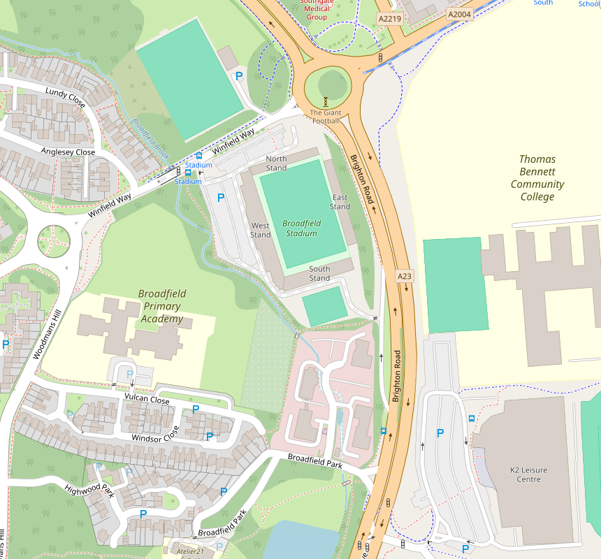 Map including Broadfield Stadium and K2 Leisure Centre in Crawley