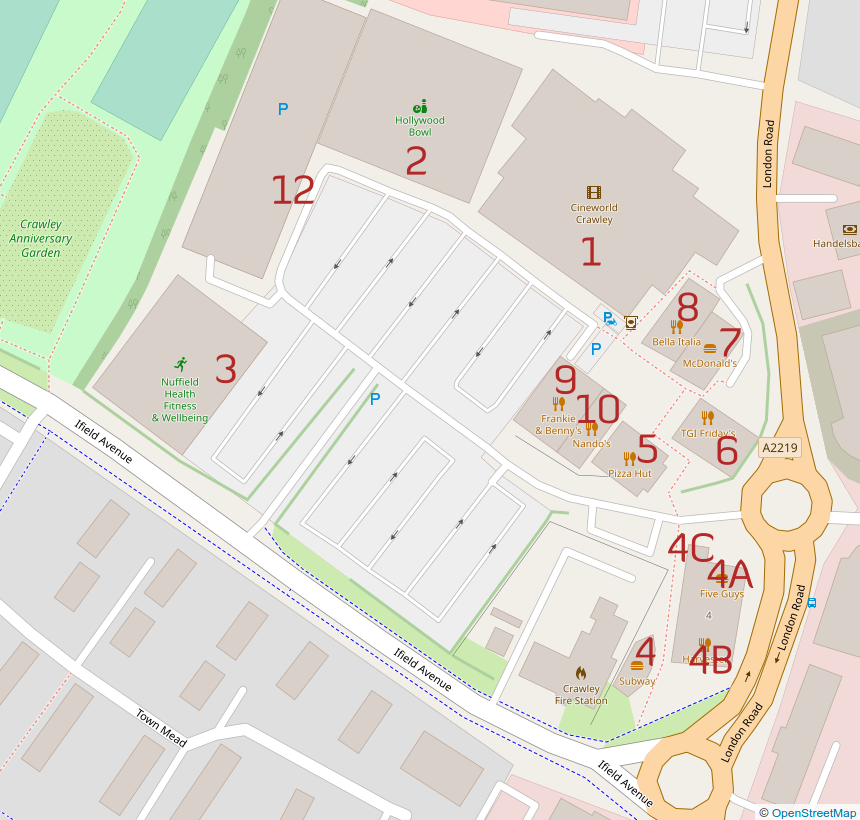 Plan of Crawley Leisure Park with units marked