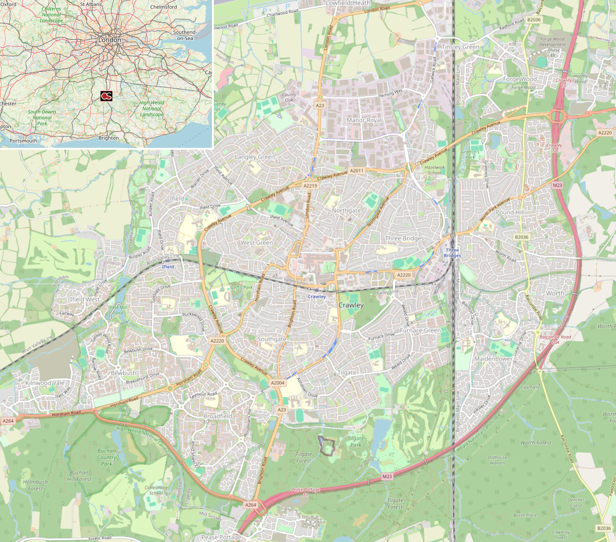 Map of Crawley and its surroundings