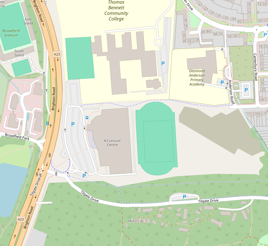 Map including K2 Leisure Centre and Tilgate Forest Recreation Centre in Crawley