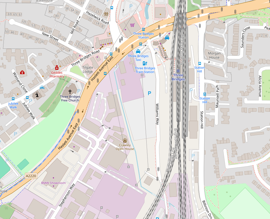 Map including Crawley Open House and Three Bridges station in Crawley