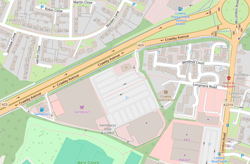Map including Sainsbury's supermarket in Crawley