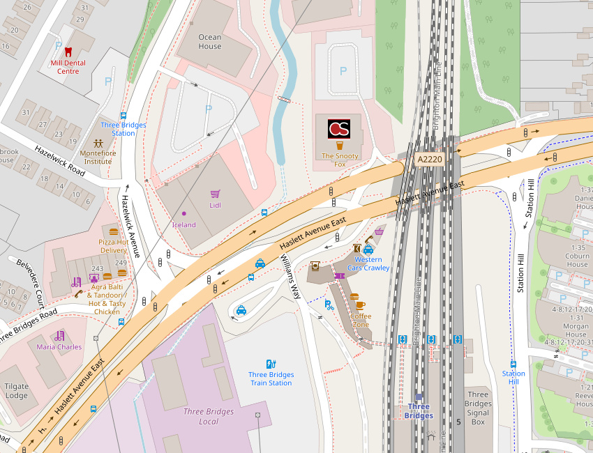 Map including Snooty Fox pub in Crawley