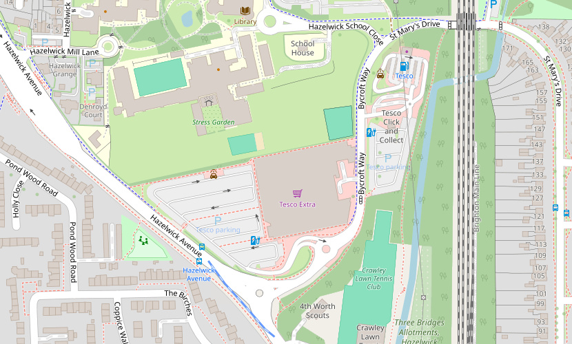 Map including Tesco supermarket in Crawley
