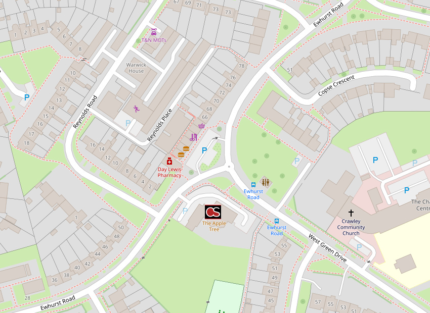 Map including Apple Tree pub in Crawley