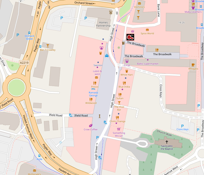 Map including Brewery Shades pub in Crawley