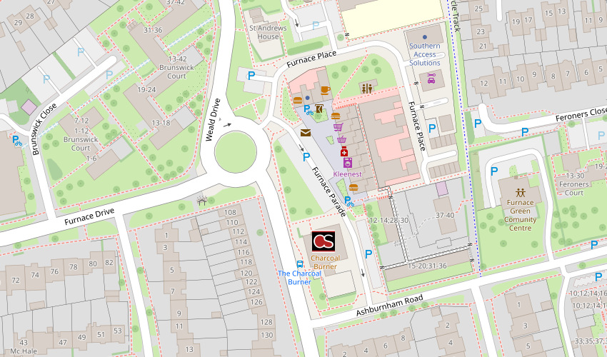 Map including Charcoal Burner pub in Crawley