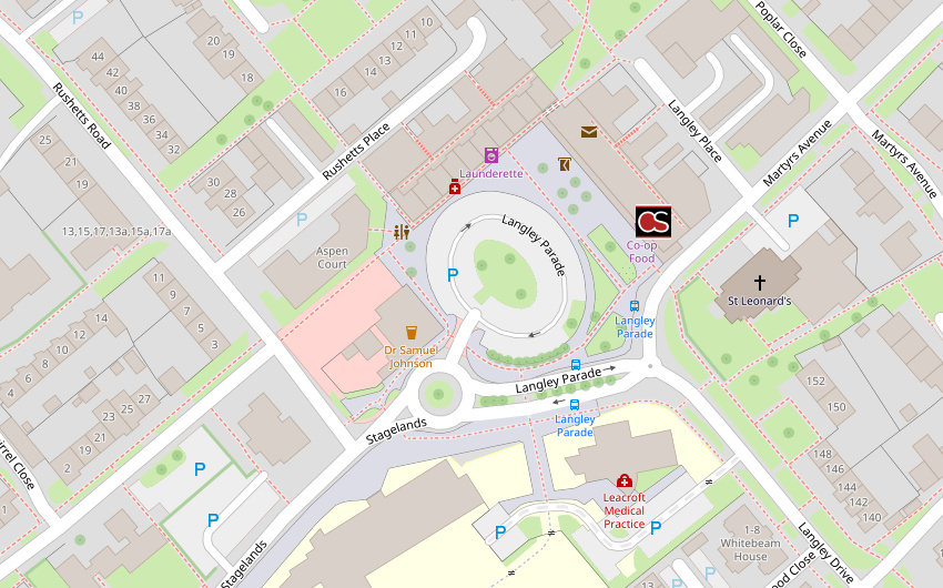 Map including Co-Op supermarket in Langley Green, Crawley