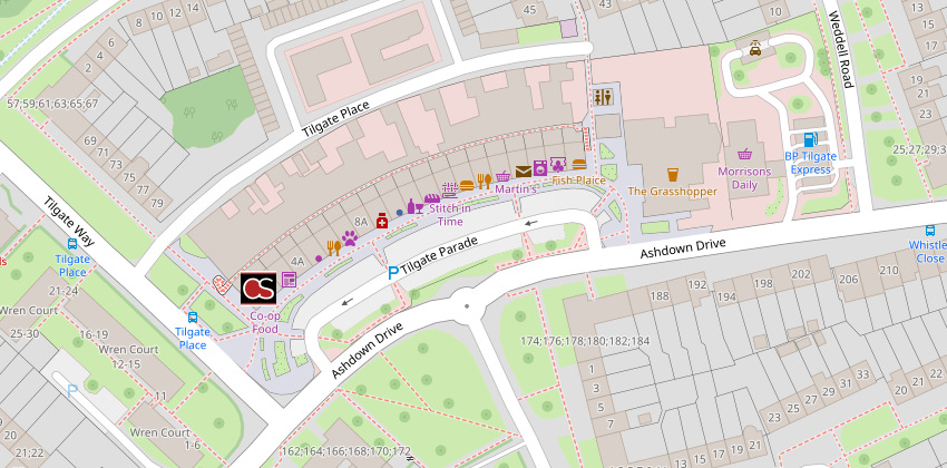 Map including Co-op supermarket in Tilgate, Crawley