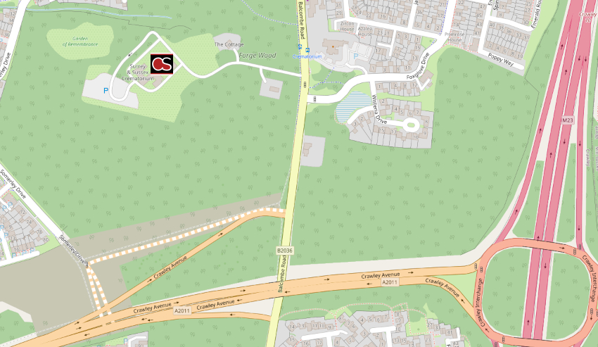 Map including crematorium in Crawley