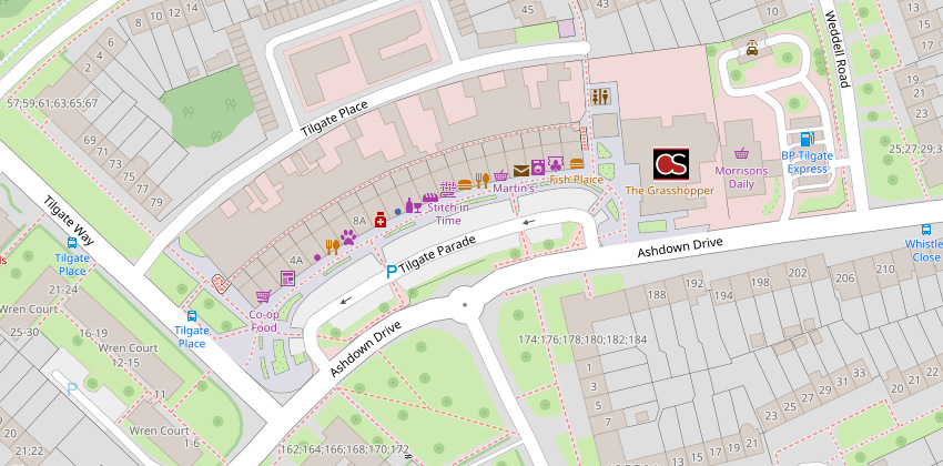 Map including Grasshopper pub in Crawley