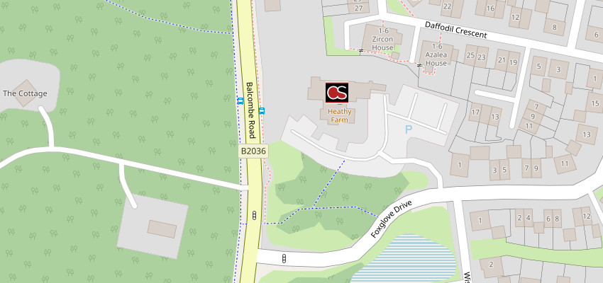 Map including Heathy Farm pub in Crawley