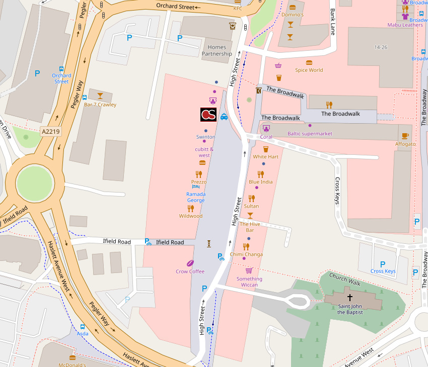Map including Jubilee Oak pub in Crawley