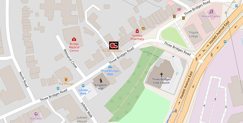 Map including Moonraker pub in Crawley