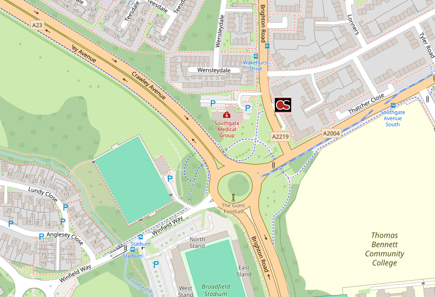 Map including New Moon pub in Crawley