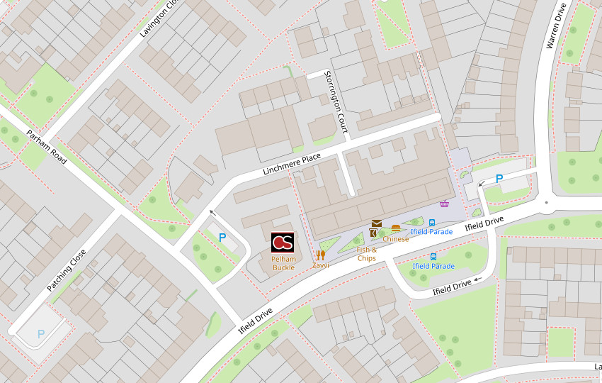 Map including Pelham Buckle pub in Crawley