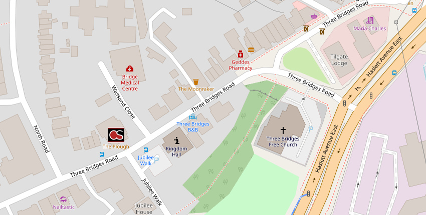 Map including The Plough pub in Three Bridges, Crawley
