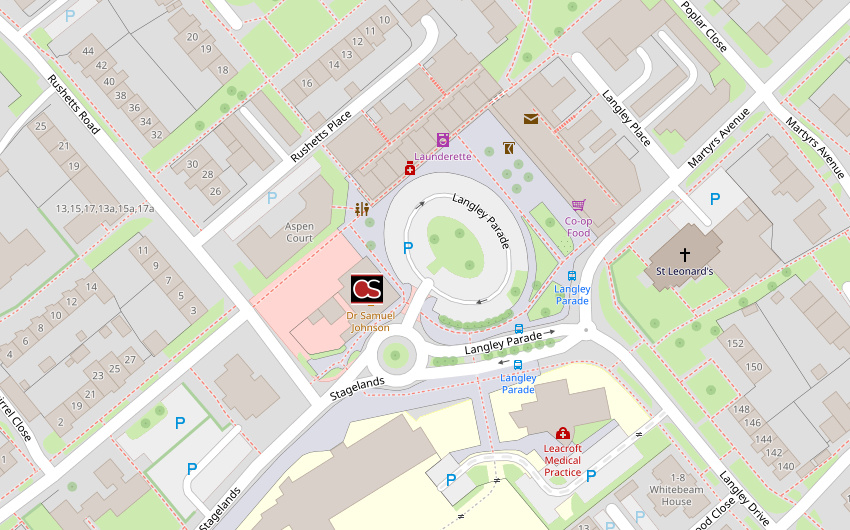 Map including Langley Green parade in Crawley