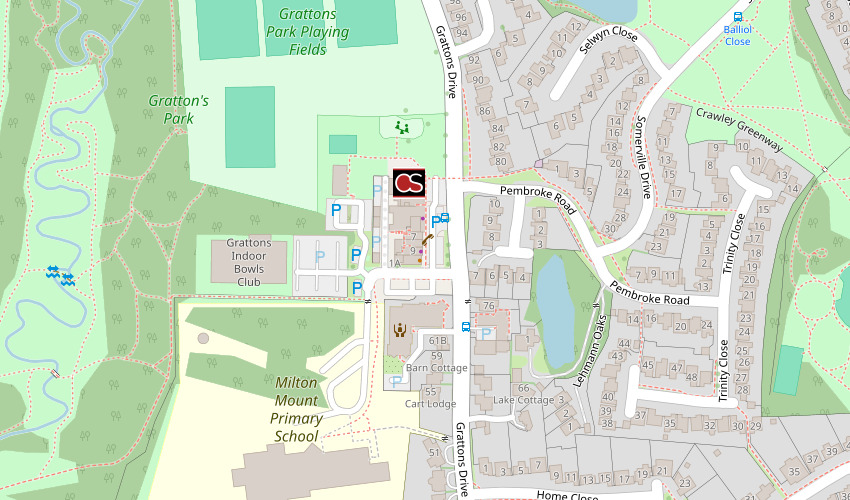 Map including Tavern on the Green in Crawley